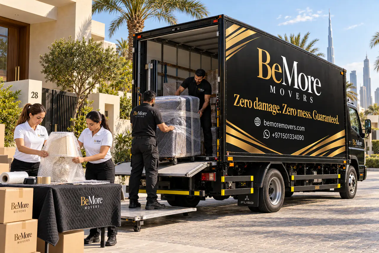 فريق BeMore Movers يحمّل أثاثاً مغلفاً في شاحنة النقل في دبي