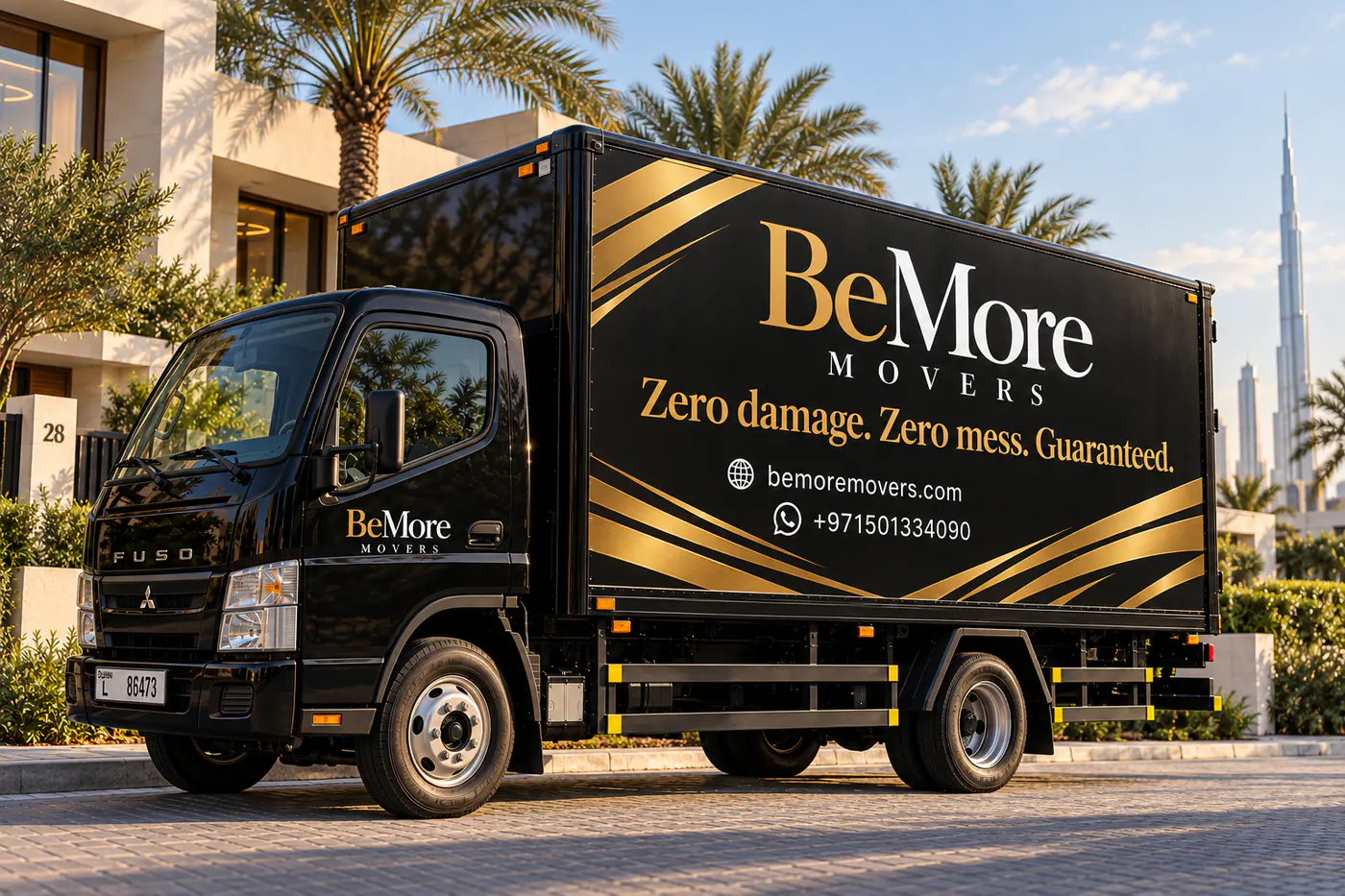 The black and gold BeMore Movers truck, with 'Zero damage. Zero mess. Guaranteed.' on its side