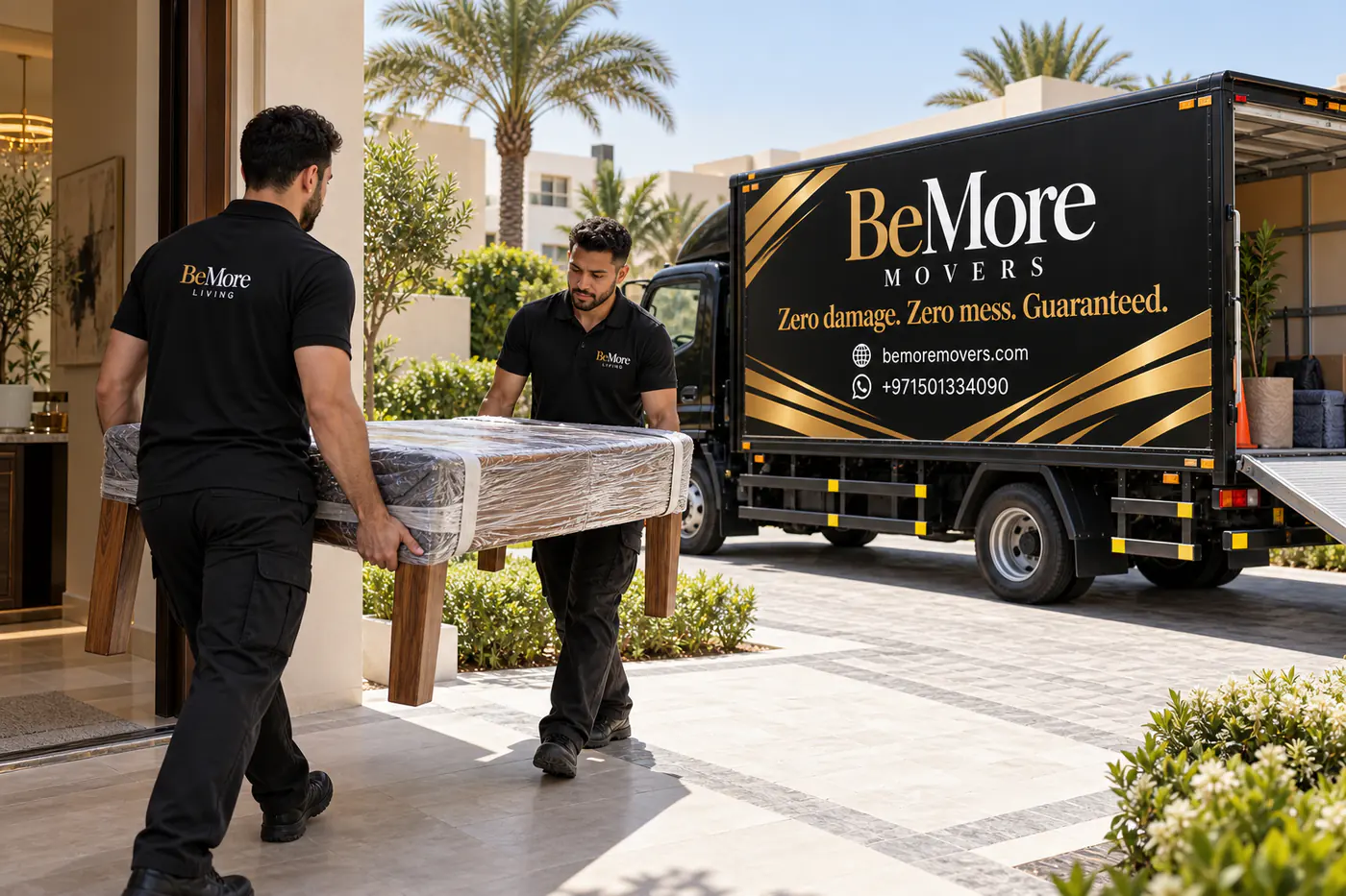 Two BeMore Movers crew carrying a wrapped dining table to the truck at a Dubai villa