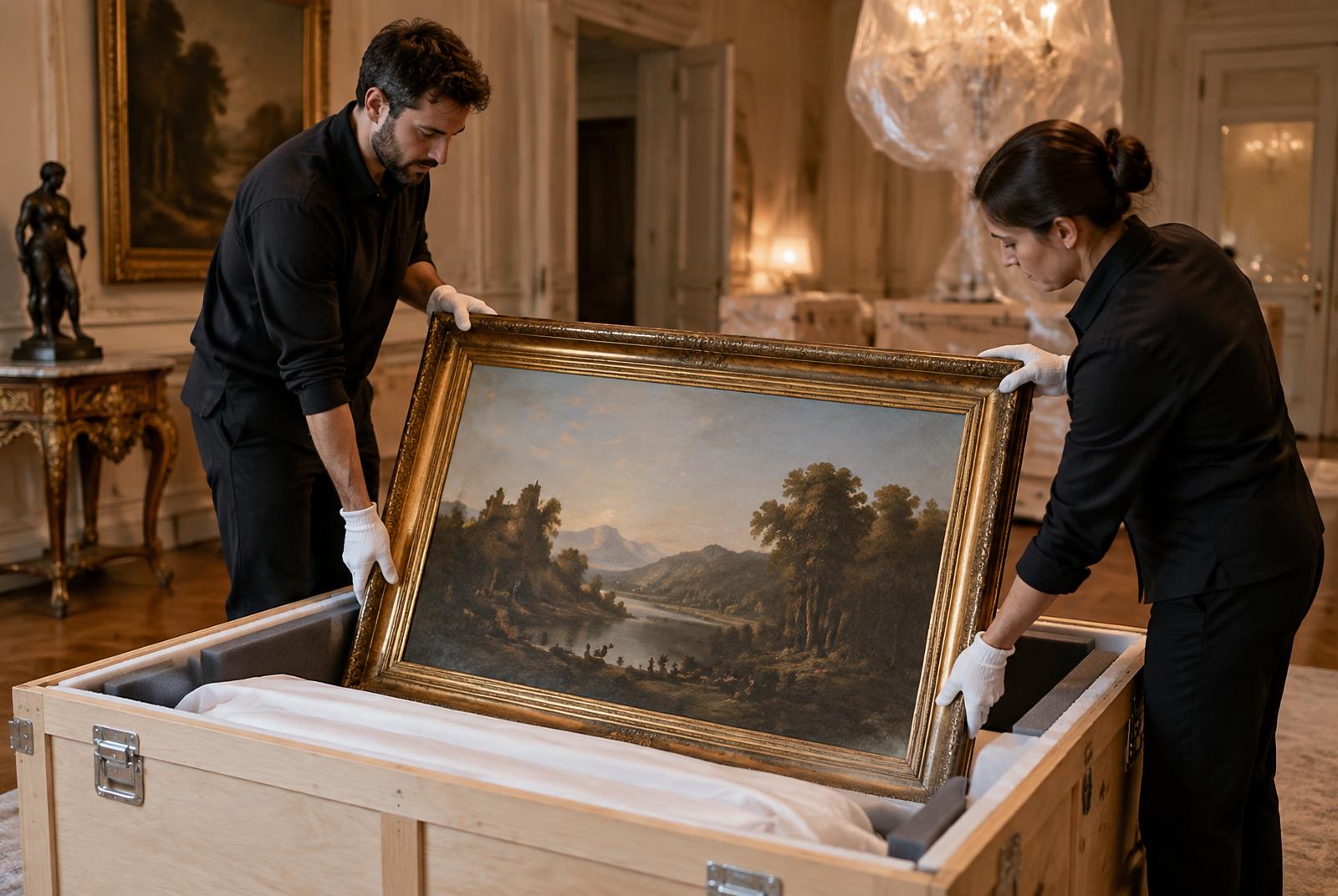 Two specialists in white gloves lowering a large gilt-framed painting into a foam-lined timber crate