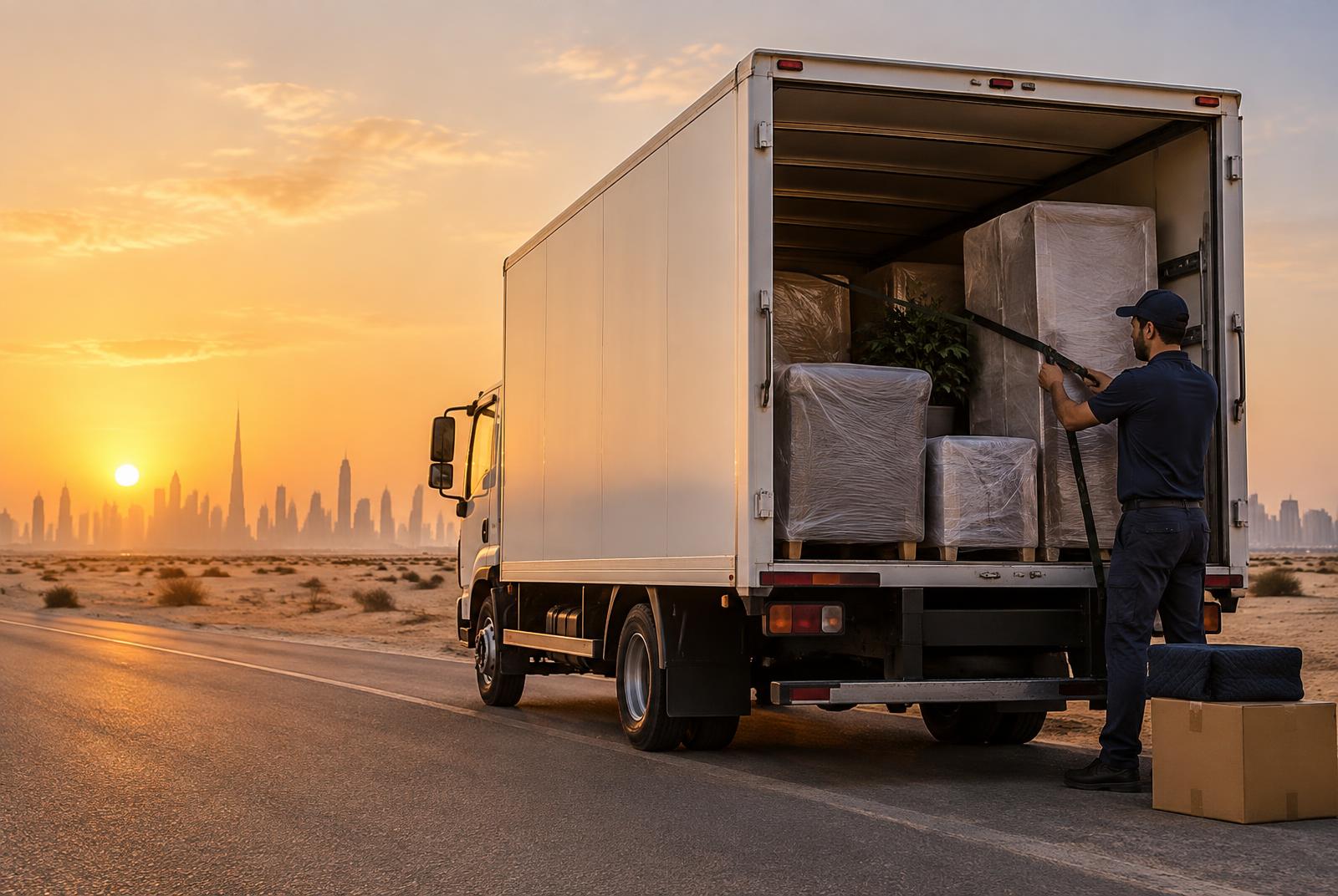 White closed-body moving truck on the highway between Dubai and Abu Dhabi at golden hour, loaded with wrapped furniture