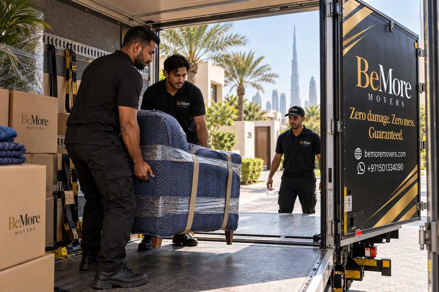 BeMore Movers crew loading wrapped furniture into the moving truck