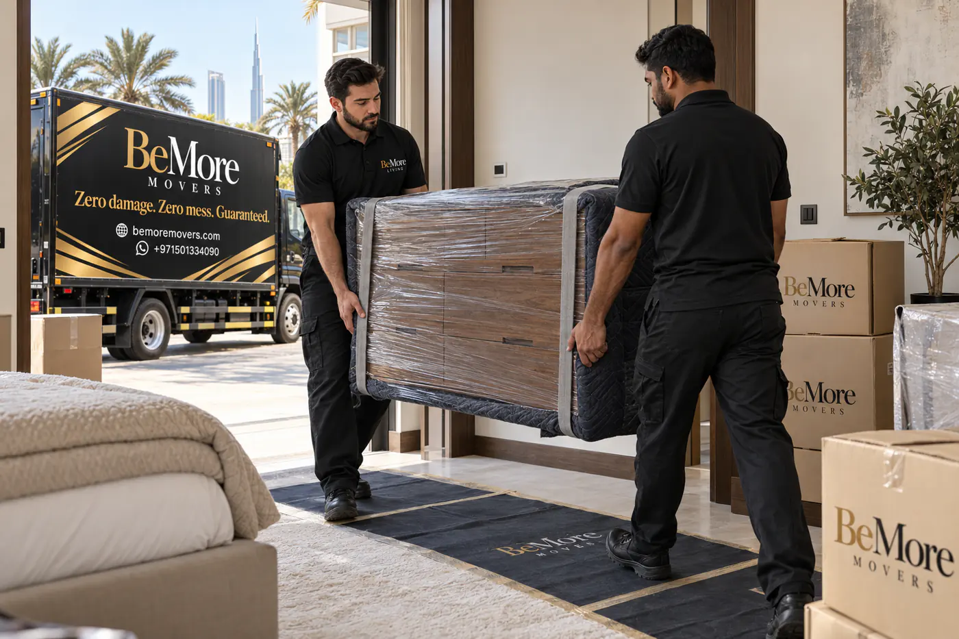 عمّال ينقلون أثاث غرفة نوم بعد فكها