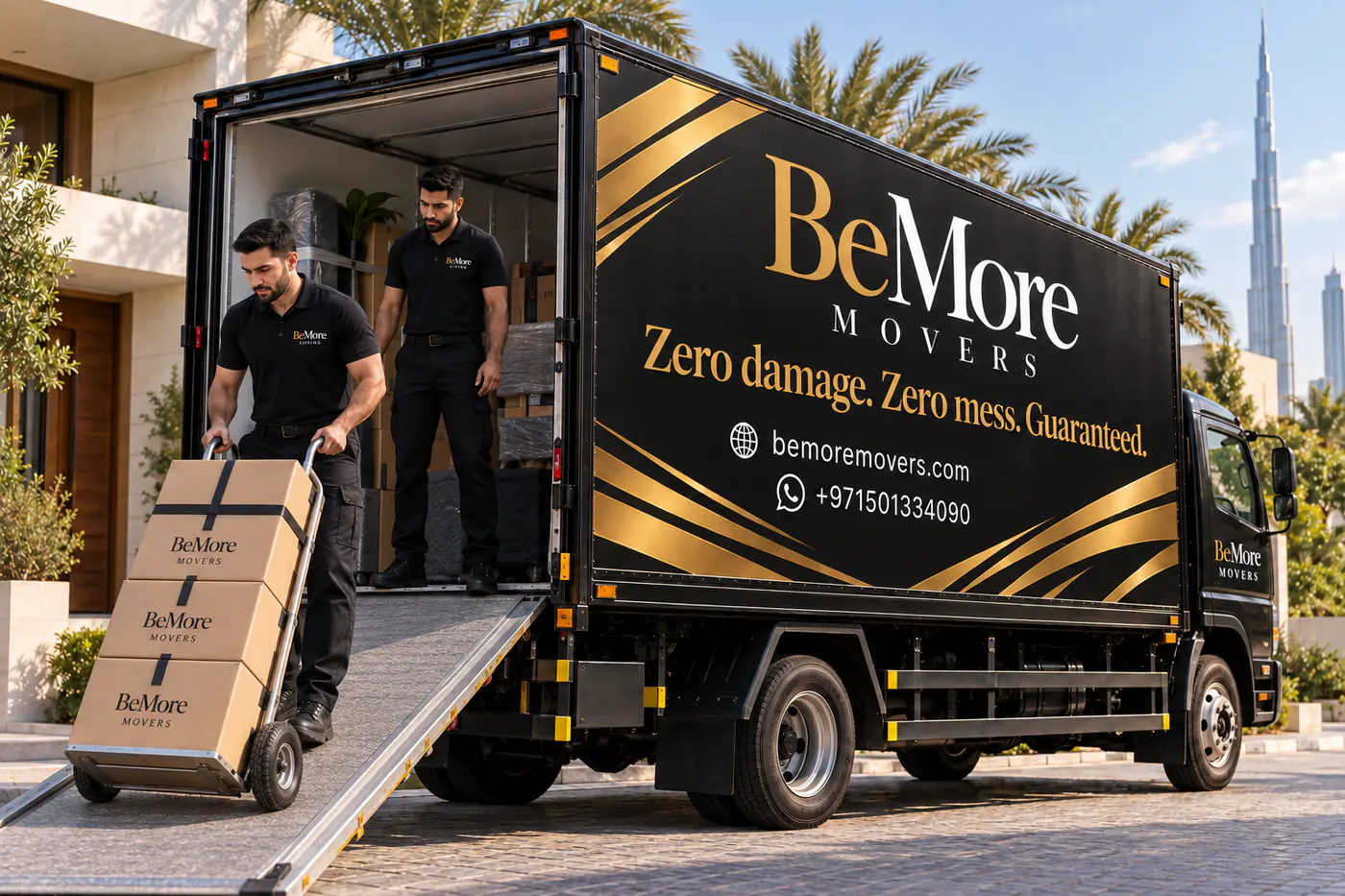 A mover wheeling labelled cartons down the truck ramp on a hand trolley