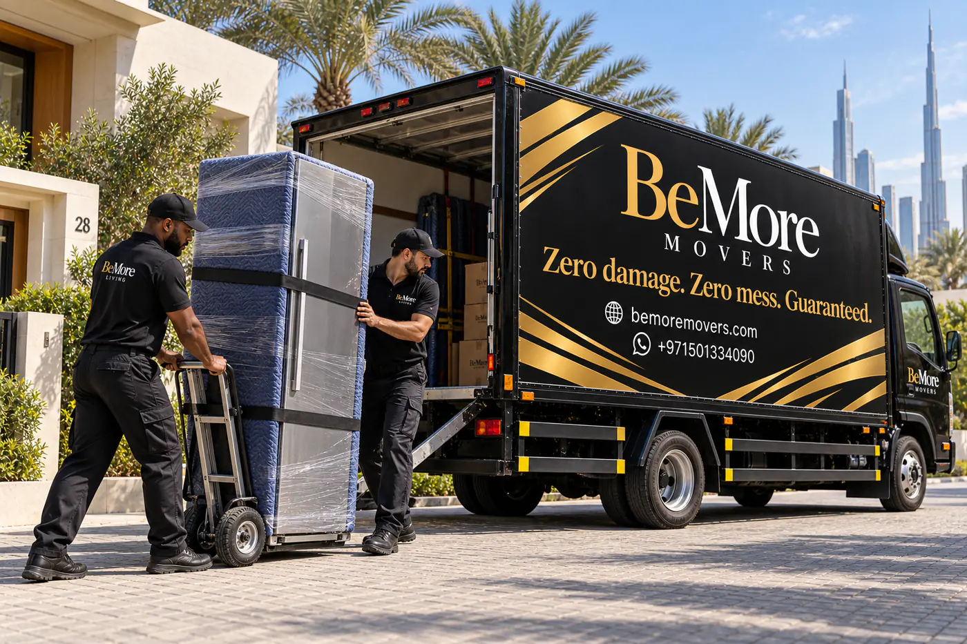 Two movers wheeling a wrapped refrigerator to the truck on an appliance trolley