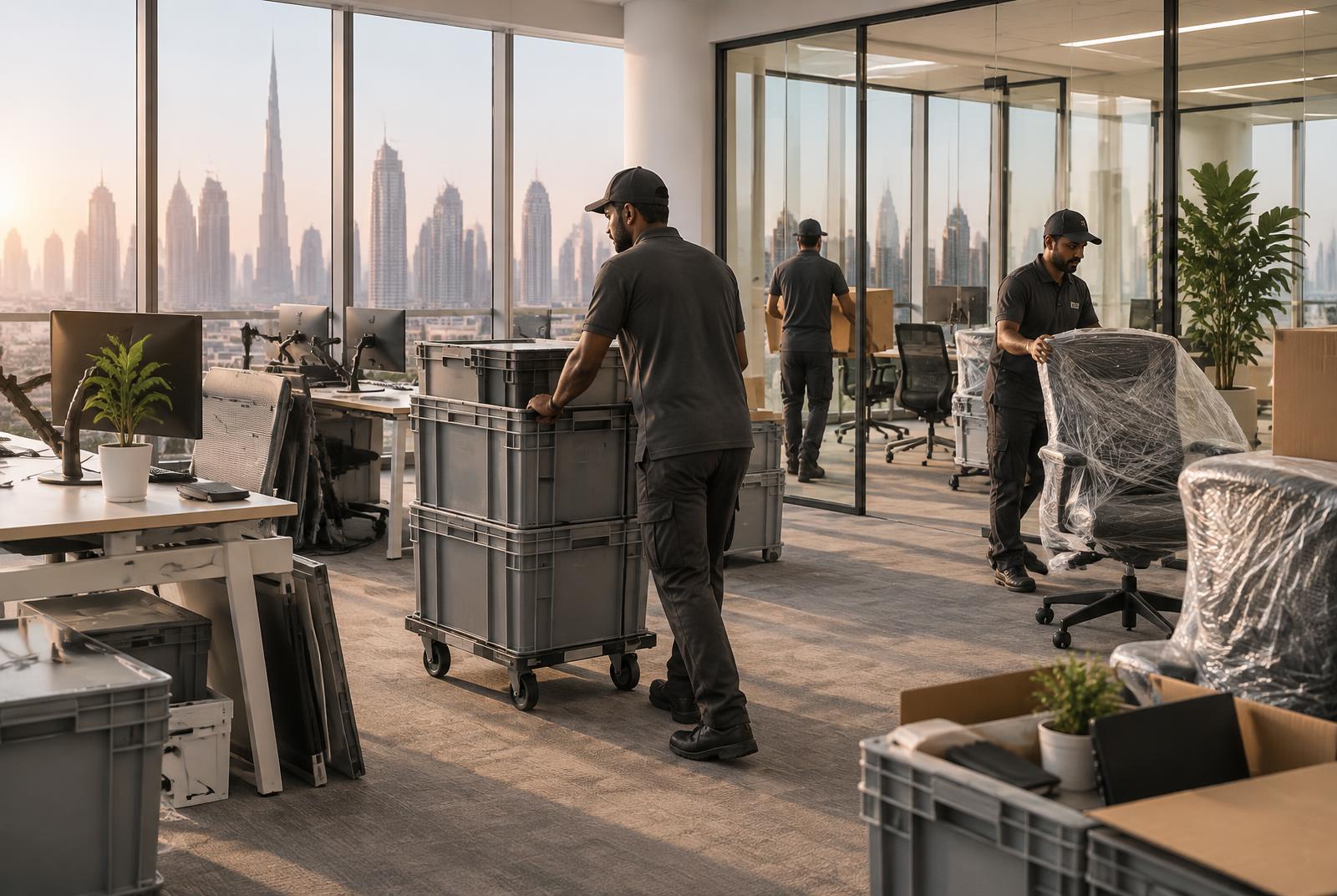 Office relocation in progress in a Dubai office with crates and wrapped chairs, skyline through the windows