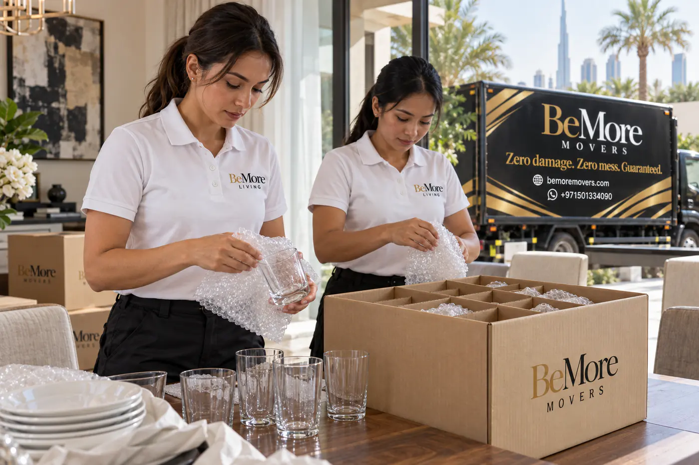 Two packers wrapping glassware and packing it into a partitioned carton