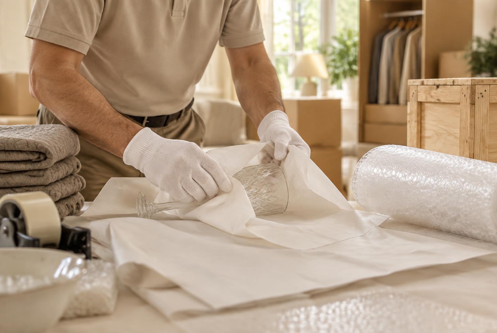 Professional packer in white gloves wrapping a crystal glass in packing paper beside bubble wrap and a wooden crate