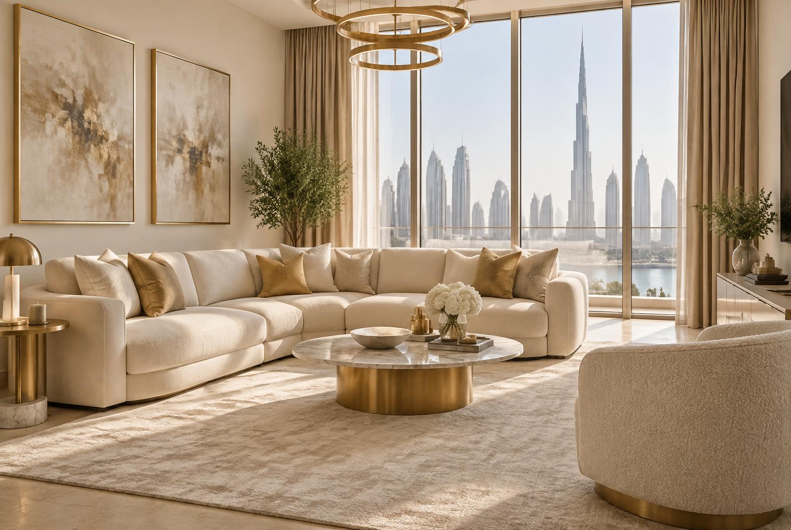 BeMore Movers crew placing furniture in a finished Dubai living room