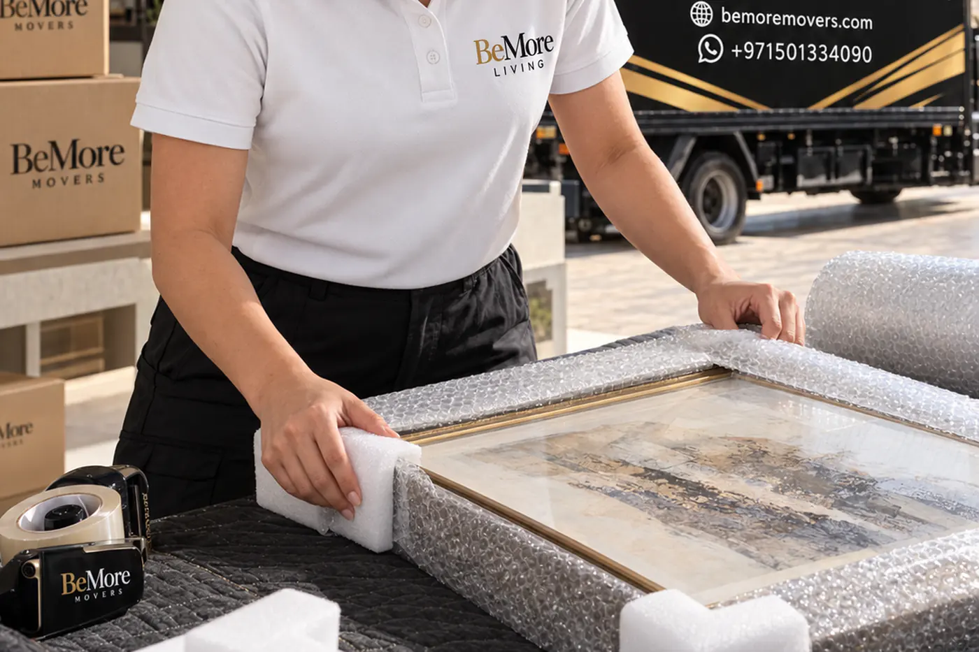 A packer protecting a framed artwork with foam corners and bubble wrap before transport