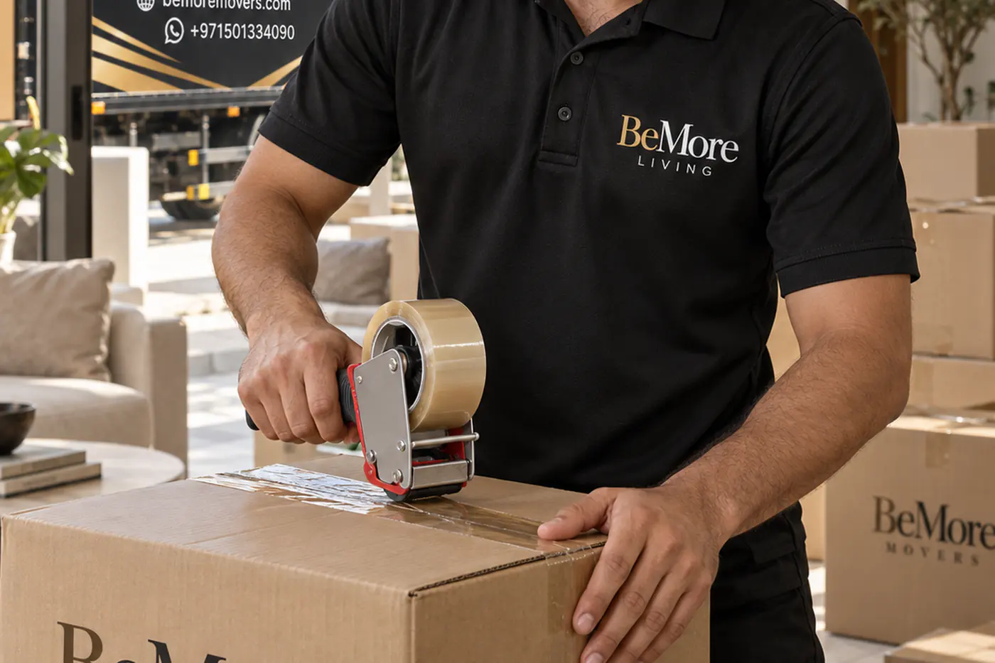 A mover sealing a packed moving carton with tape