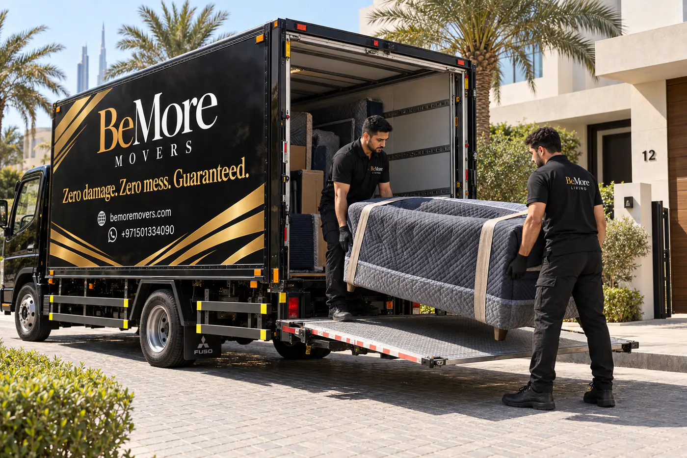 عمّال ينزلون أريكة مغلفة من شاحنة BeMore Movers