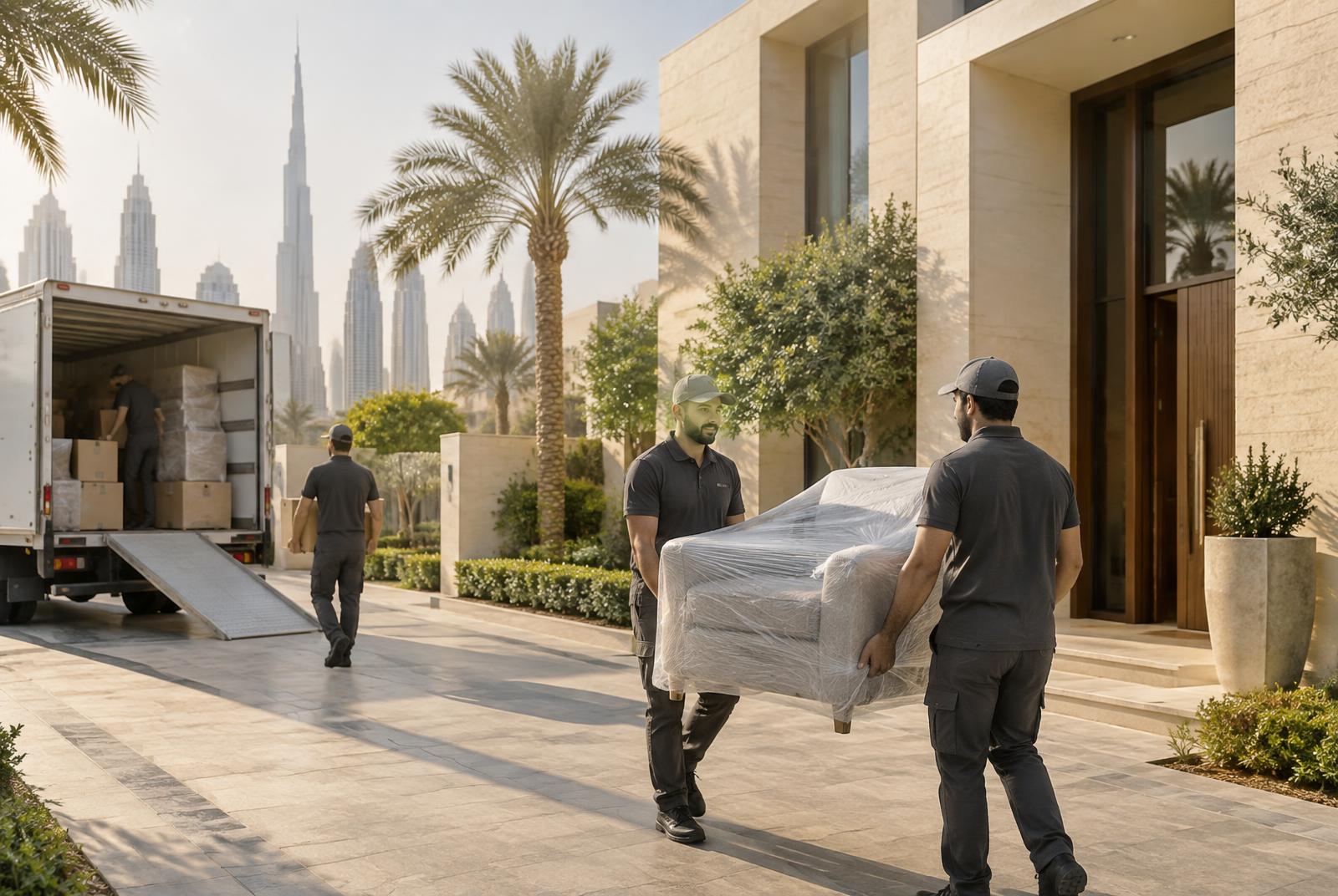 Movers carrying wrapped furniture up the driveway of a luxury villa in Dubai beside a moving truck